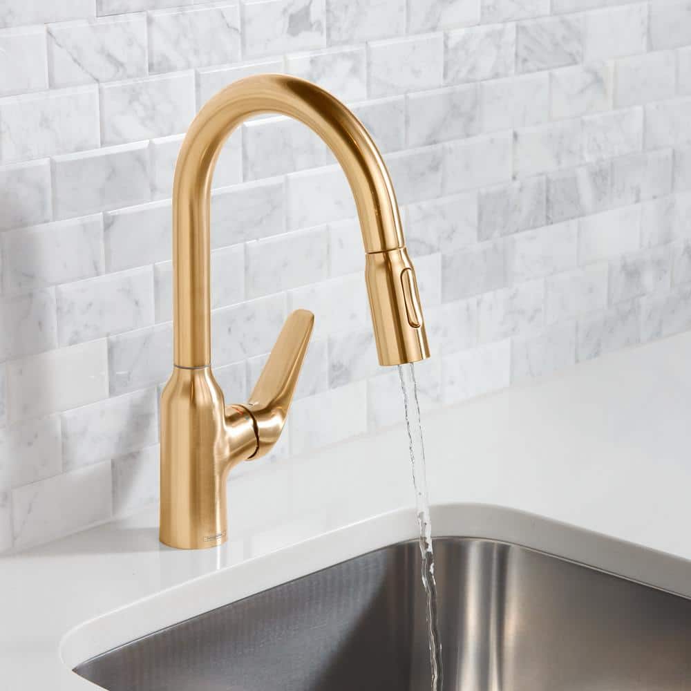 Elegant 14'' Brushed Gold Optic Pull-Down Kitchen Faucet with Ceramic Disc
