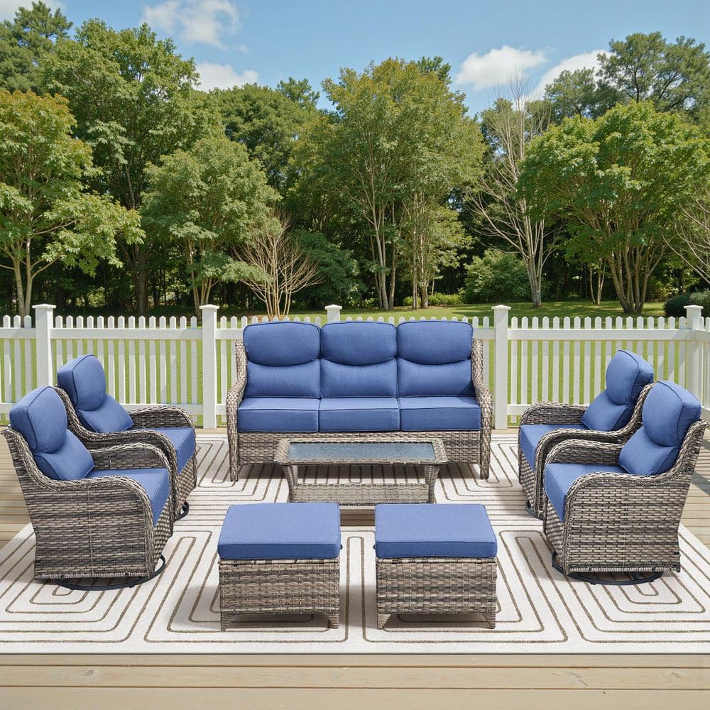 Holion Gray 8-Piece Wicker Patio Conversation Swivel Glider Set Outdoor Sofa Seating Set with 6 in. Blue Cushions price history on PriceWatchPro