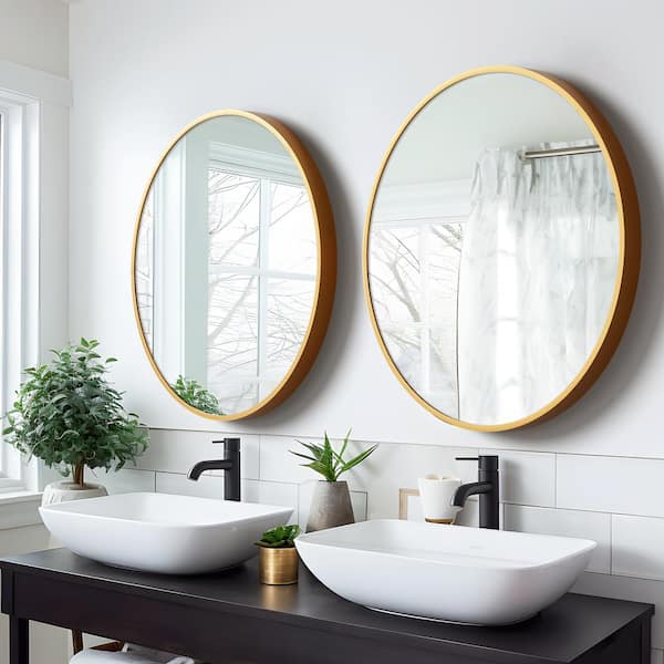 NEUTYPE 28 in. W x 28 in. H Round Aluminum Alloy Framed Bathroom Vanity Mirror Gold Wall Mirror 2-Pcs