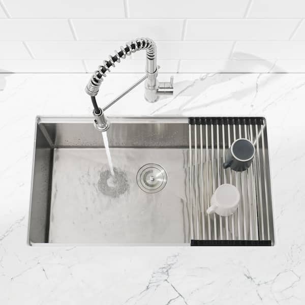 33 in. Undermount Single Bowl Brushed Nickel Stainless Steel Kitchen Workstation Sink with Accessories