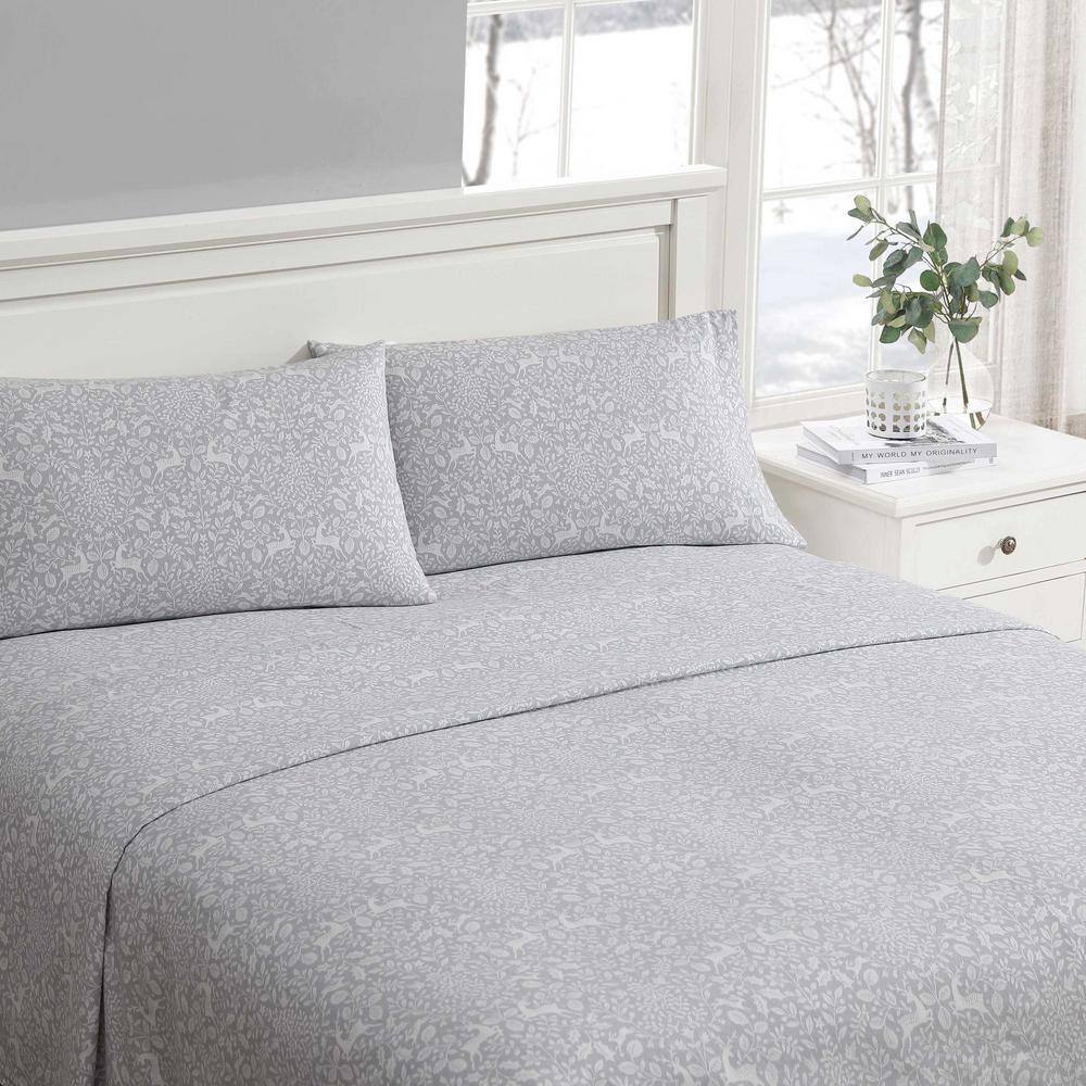 Deer Dance Grey Cotton Flannel Queen Sheet Set