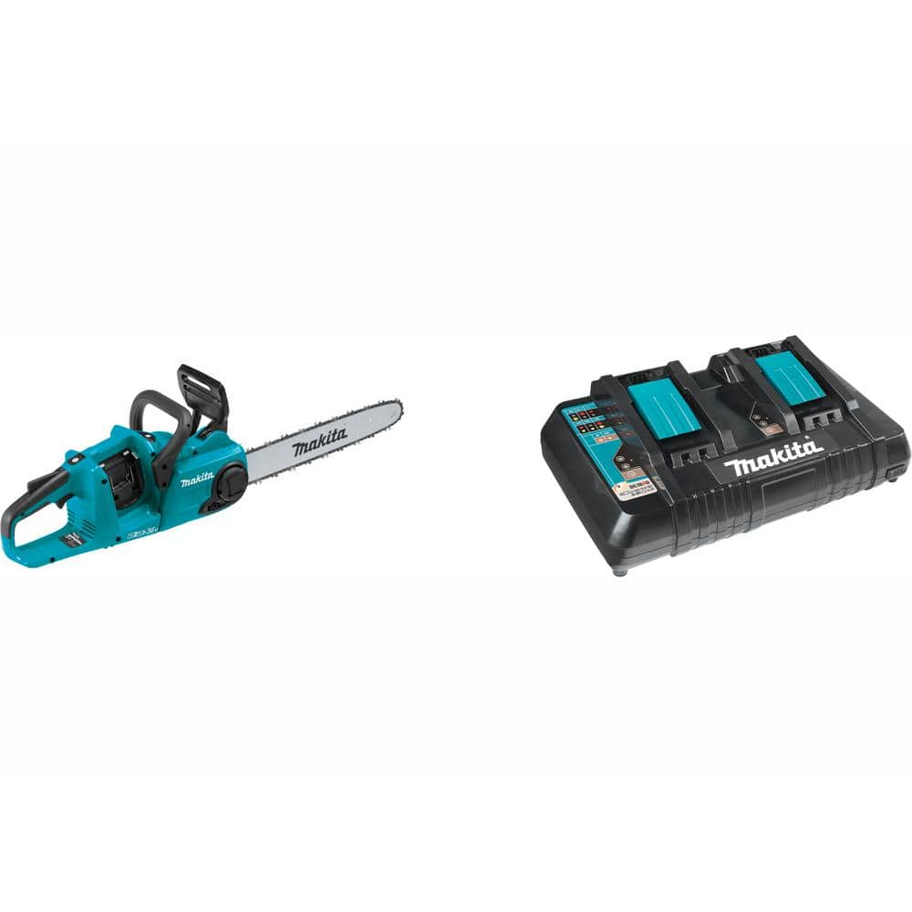 16 in. 18-Volt X2 (36-Volt) LXT Brushless Battery Chain Saw with Bonus 18-Volt LXT Dual Port Rapid Optimum Charger -  Makita, XCU04Z-DC18RD