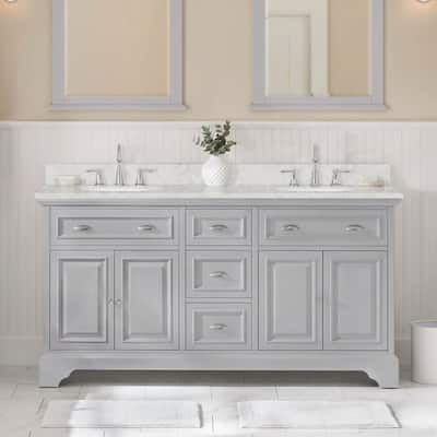 Sadie 67 in. Double Sink Gray Bath Vanity with Lightly Veined White Marble Top (Assembled)