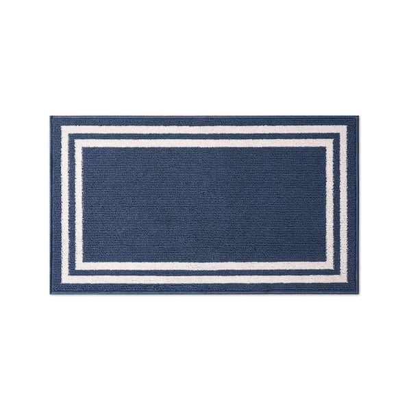 Washable Skid-Resistant Dusty Navy/Ivory 2 ft. x 4 ft. All Loop Tufted Area Rug