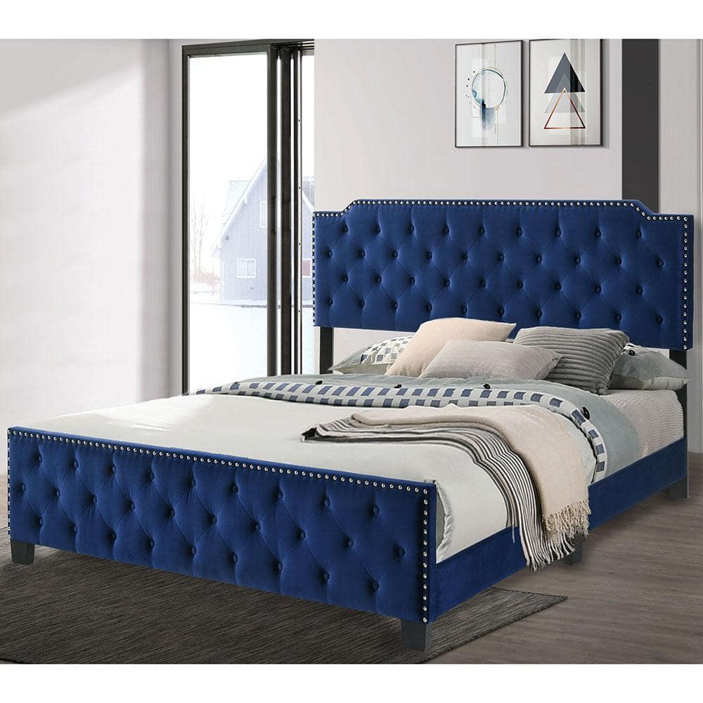 IF-5541 Blue Velvet Fabric Queen, King bed with Deep Tufting and Chrome  Trim on Headboard.