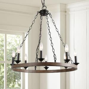 8-Light Industrial Farmhouse Black Chandelier Modern Wagon Wheel Dining Room Island Pendant Light with Faux Wood Accents
