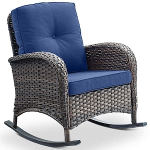 Brown Wicker Outdoor Rocking Chair, 1-Piece Patio Rattan Rocker Chair with Navy Blue Cushions for Garden Backyard Porch