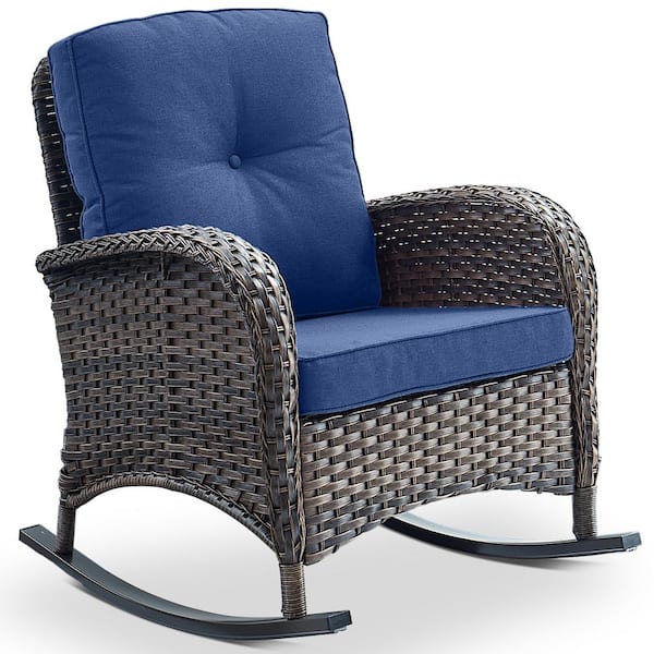 Brown Wicker Outdoor Rocking Chair, 1-Piece Patio Rattan Rocker Chair with Navy Blue Cushions for Garden Backyard Porch