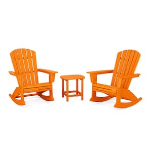 Nautical Curveback Adirondack Rocking Chair Tangerine 3-Piece HDPE Plastic Patio Conversation Set