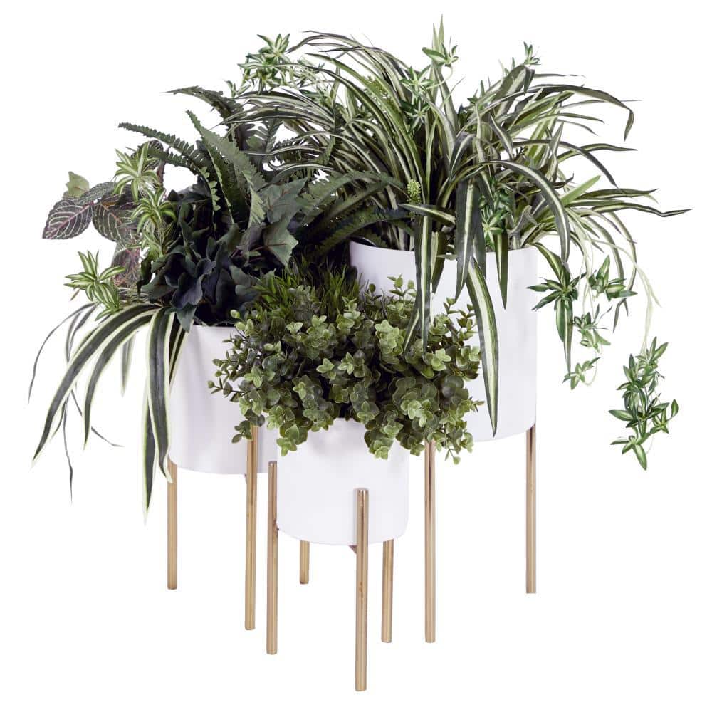 White and Gold Metal Cylinder Floor Planter Set of 3