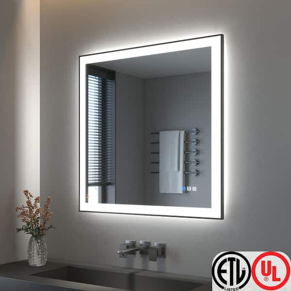 36 in. W x 36 in. H Rectangular Framed LED Anti-Fog Wall Bathroom Vanity Mirror in Black with Backlit and Front Light