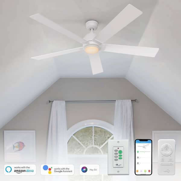 60 in. Smart Indoor/Outdoor White Downrod LED Standard Ceiling Fan with Remote Control, Wall Control, 10-Speed DC Motor