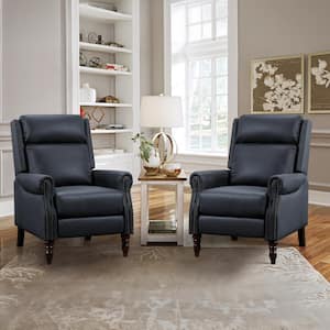 30 in. Midnight Blue Genuine Leather Recliner with Nailhead Trim Adjustable Push Back and Solid Wooden Legs (set of 2)