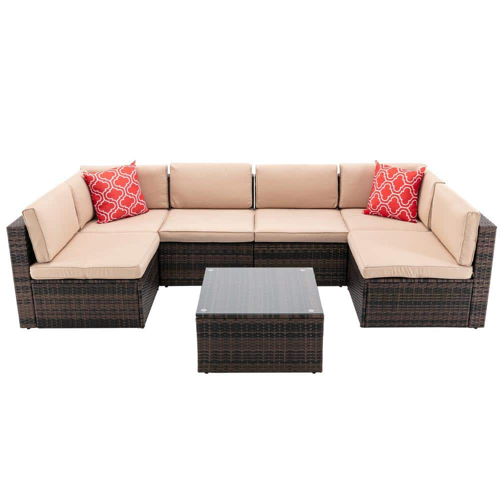 Clihome 7-Piece Wicker Outdoor Sectional Sofa Set with Table and ...