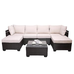 Brown Wicker 7-Pieces Outdoor Patio Sectional Sofa Conversation Set with Beige Cushions and 1-Coffee Table