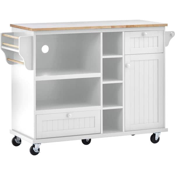 FUNKOL White Rubber Wood Kitchen Cart with 2-Drawers, 1-Cabinet, and 4-Open Storage Cabinets
