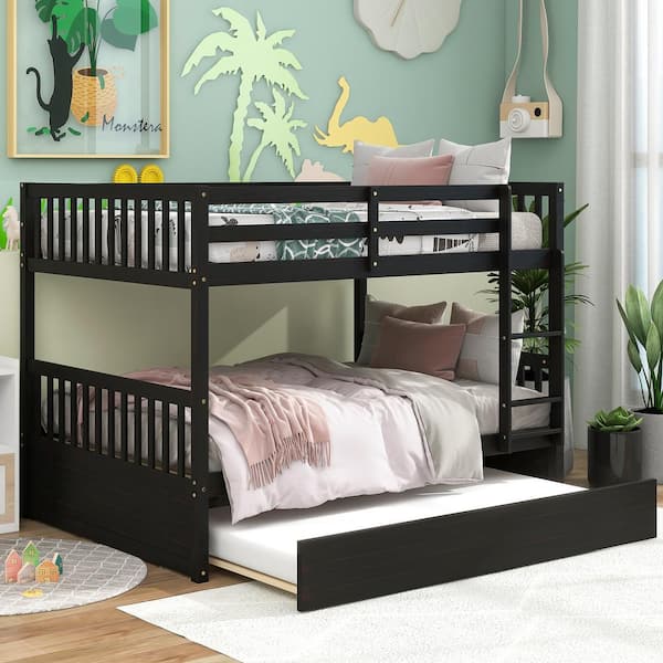YOFE Espresso Wood Frame Full Bunk Bed with Trundle