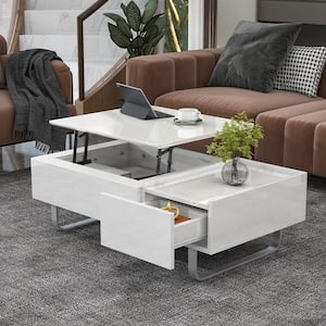 45.3 in. White Rectangle MDF Coffee Table with Lifted Tabletop High-gloss Surface and Storage Drawer