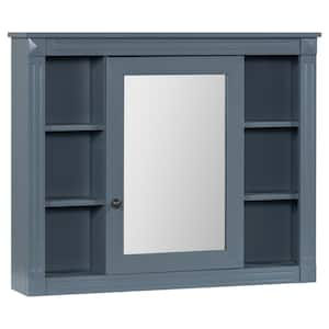 35 in. W x 7.1 in. D x 28.7 in. H Bathroom Storage Wall Cabinet in Blue with Mirror and Open Shelves