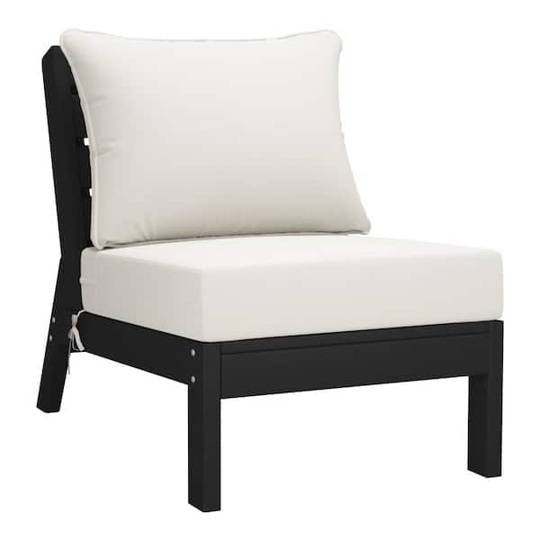 Birchwood Outdoor Patio Deep Seating HDPE Armless Lounge Chair in Black with White Cushions