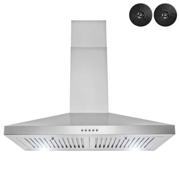 Perfetto Kitchen and Bath Convertible 36 Wall Mount Range Hood in Stainless Steel with LEDs Push Controls & Tempered Glass 