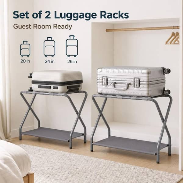Numhew Gray Foldable Metal Luggage Rack, 2-Pack Heavy Duty