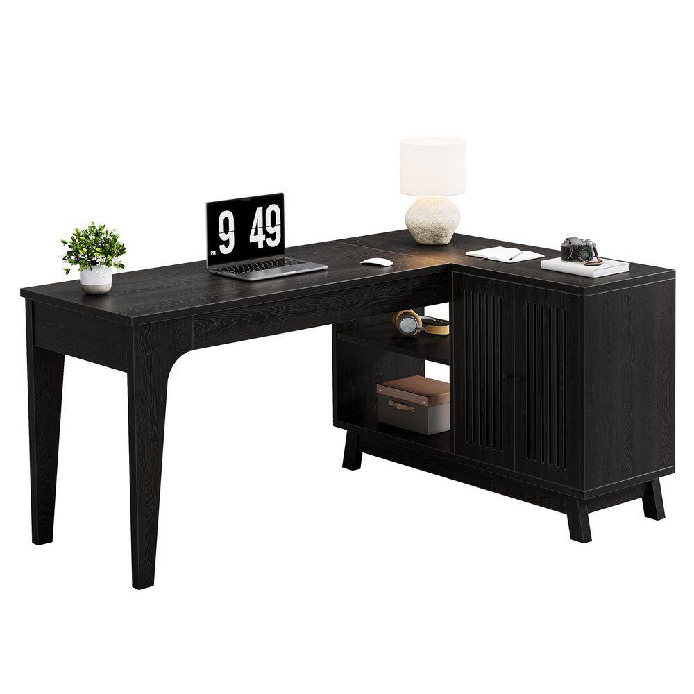 Moronia 57.1 in. Black Wood Computer Desk with Cabinet and Open Shelf, L-Shaped Writing Desk for Home Office