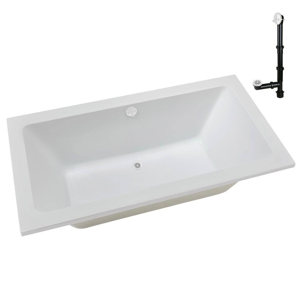 66-Inch Glossy White Acrylic Drop-In Soaking Bathtub with Center Drain