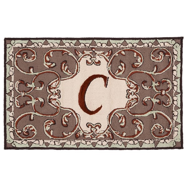 Monogram Mocha 3 ft. x 4 ft. "C" Ornate Floral Indoor/Outdoor Area Rug