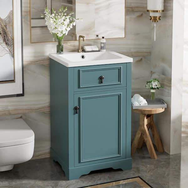 20 in. Single Sink Freestanding Green Bath Vanity with White Ceramic Top Unassembled