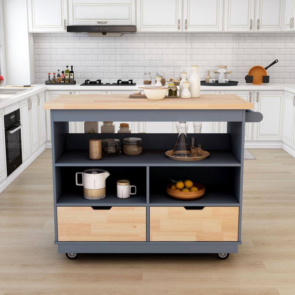 Gray Blue Wood Kitchen Cart with Storage, 2-Sided Kitchen Island with Rubbe