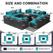 Large Gray 13-Piece 12-Seats Wicker Patio Fire Pit Sofa Set with Light Teal Cushions and 43 in. Fire Pit Table