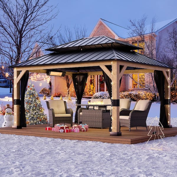 13 ft. x 11 ft. Outdoor Patio Cedar Wood Frame Hardtop Gazebo with Electric Carbon Infrared Space Heater