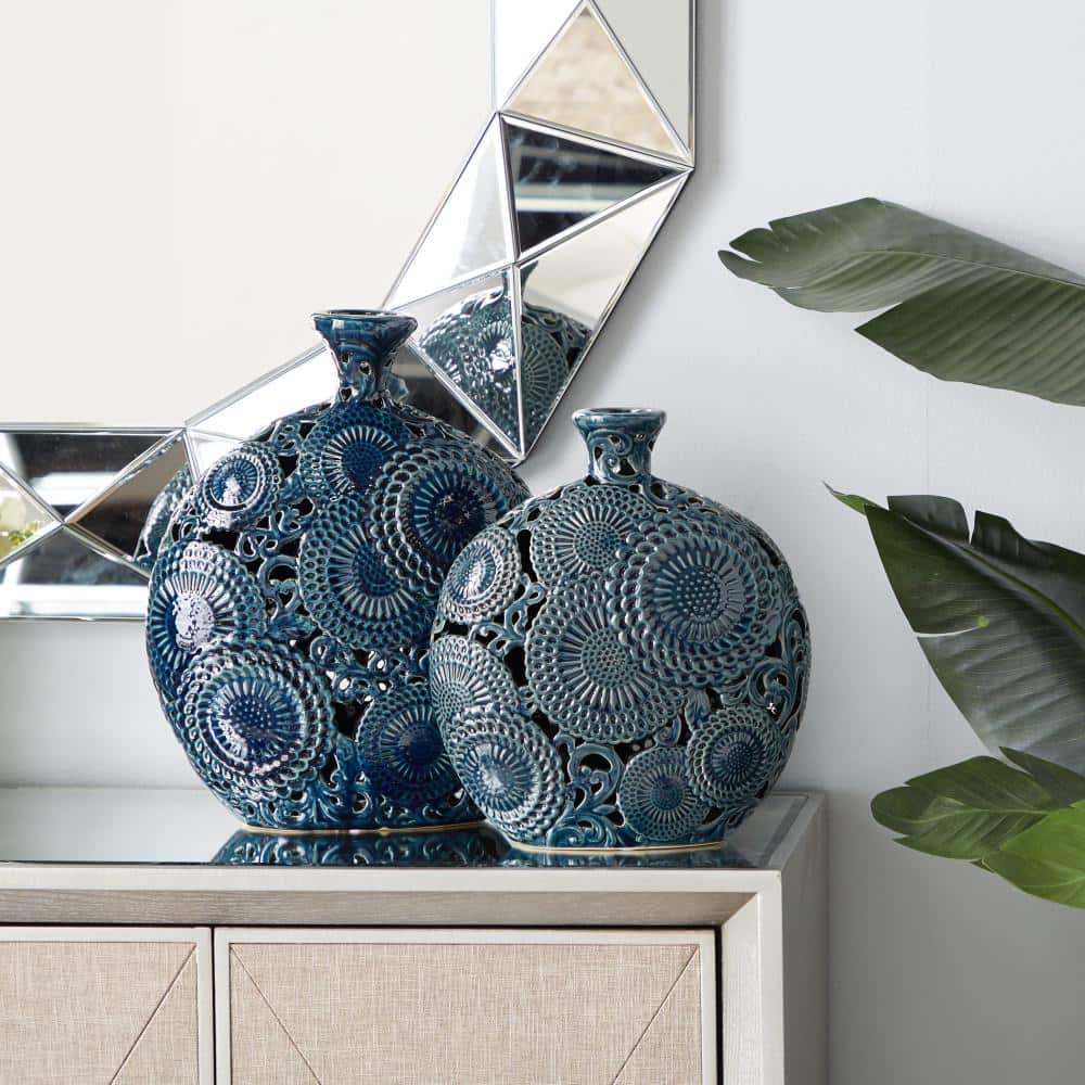 Eclectic Floral Blue Ceramic Bud Vase Set, 13" and 15.5" Height