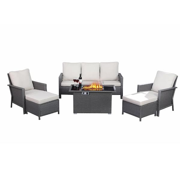 Unbranded Outdoor 6-Piece Wicker Sectional Seating Patio Conversation Set with Beige Cushion and Fire table