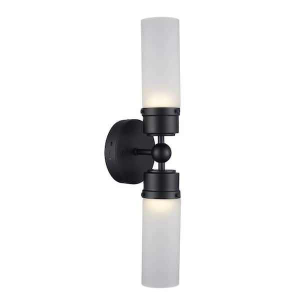 20.63 in. 2-Light Black LED Rechargeable Battery Operated Wall Sconce with Frosted Glass Shades, Remote Included