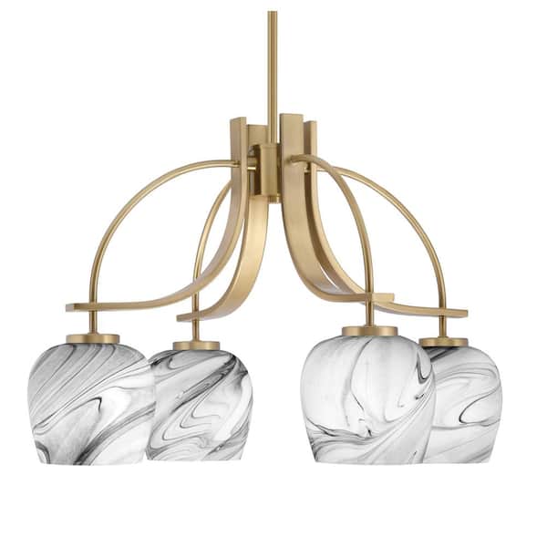 Unbranded Olympia 15.5 in. 4-Light New Age Brass Downlight Chandelier Onyx Swirl Glass Shade