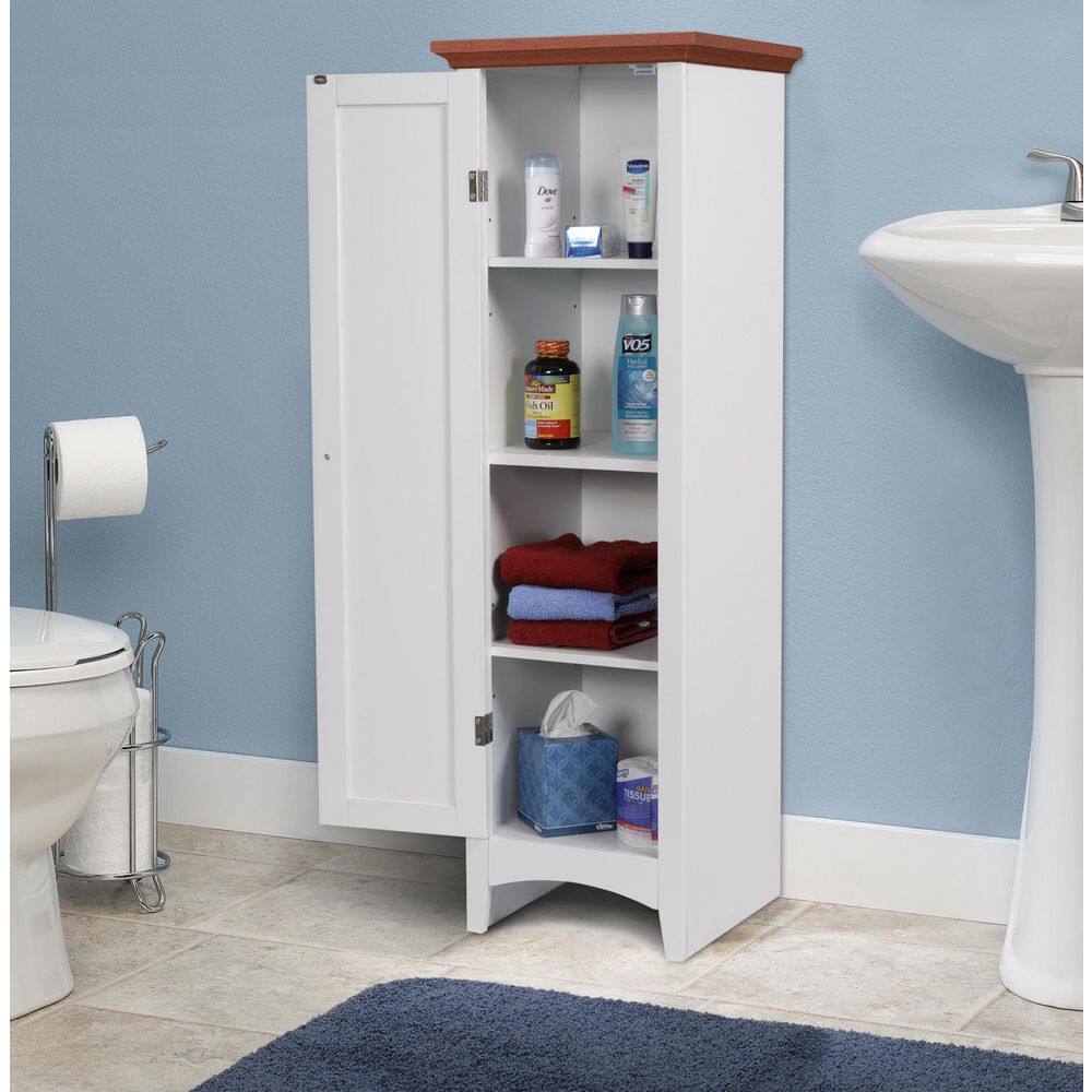 White Freestanding Pantry with Adjustable Shelving and Pine Top