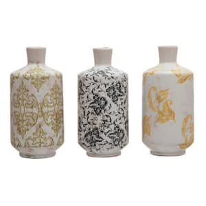 3 Distressed Transferware Pattern Terra Cotta Vase with 3.5 in. in Multi-Colored