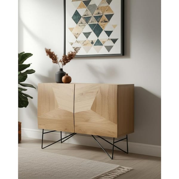44 in. Natural and Black Solid Wood and Metal Carved Geometric Accent Cabinet With 2-Doors