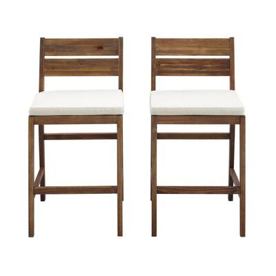 Dark Brown Acacia Wood Patio Outdoor Bar Stools with White Cushions (2-pack)