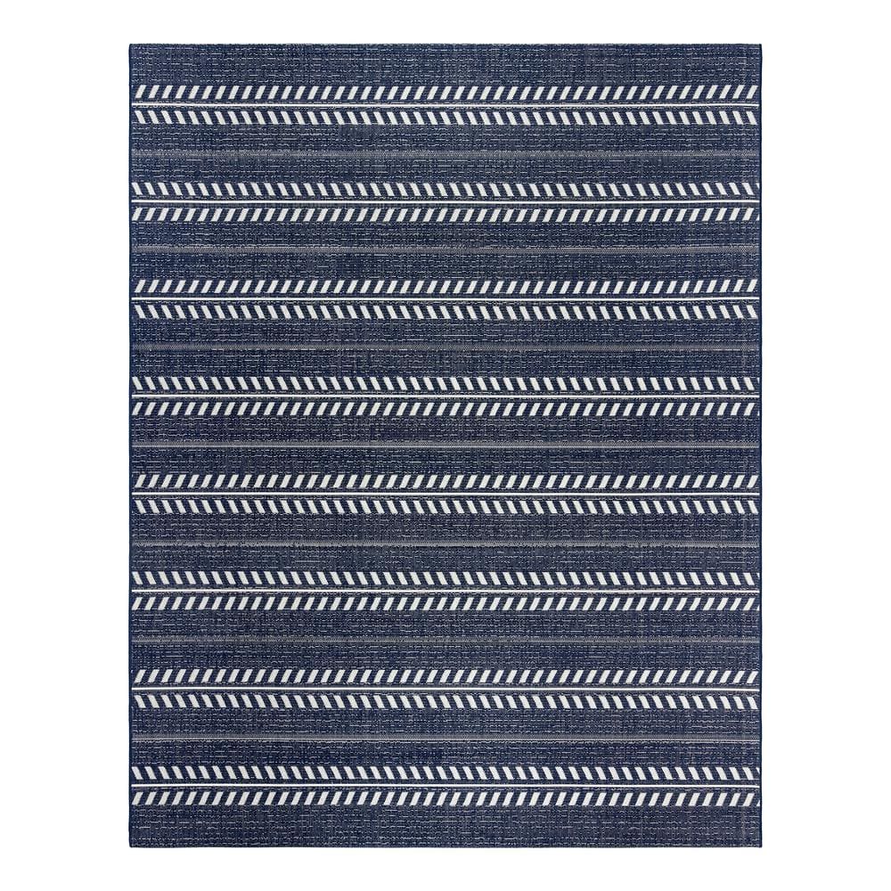 Navy and White Striped Synthetic Flatweave 6' x 9' Area Rug