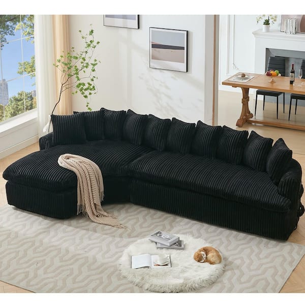 anpport 127 in. W Flared Arms L Shaped Corduroy Elegant Sectional Sofa in Black with 10-Back Cushions
