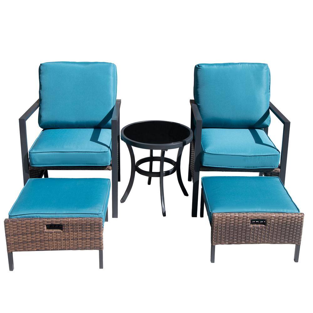Brown 5-Piece Wicker Patio Conversation Set with Blue Cushions and Side Table price history on PriceWatchPro