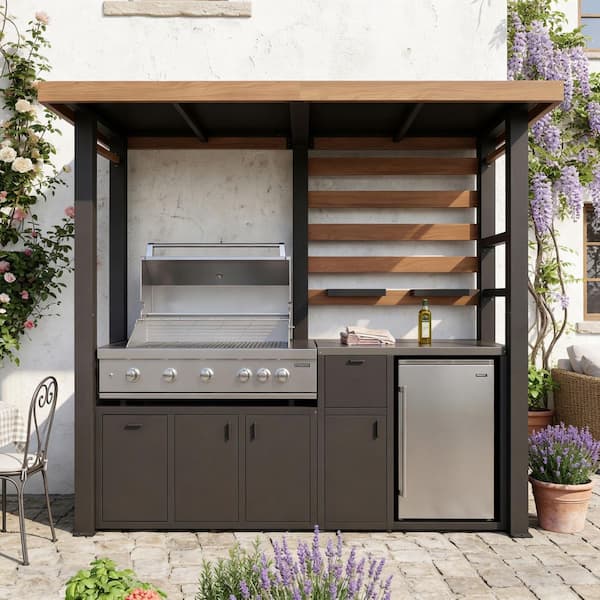 Outdoor Kitchen Natural Gas Galvanized Steel Modular Grill Island with Stainless Steel Counter and Fridge Cabinet, Black