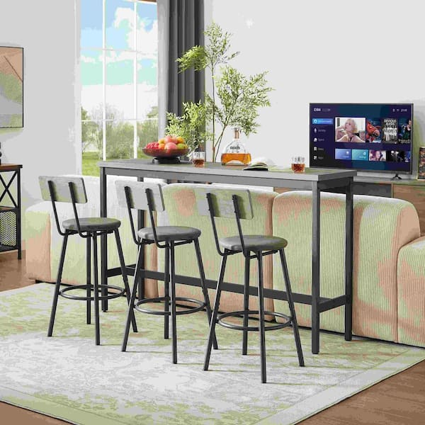 Gray 63 in. L x 15.7 in. W x 37.5 in. H Long Bar Table Set with 3 PU Upholstered Bar Stools