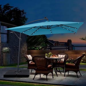 Seymo 8.2 ft. Steel Cantilever LED Solar Tilt Patio Umbrella in Light Blue with Base
