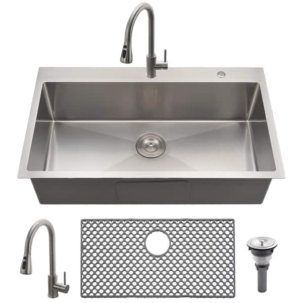 33 in. Drop-In Single Bowl 18-Gauge Brushed Stainless Steel Kitchen Sink with Waterfall Faucet and Silicone Mat