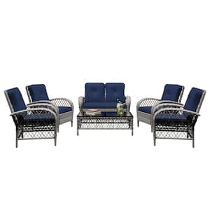 6--Piece Gray Wicker Patio Conversation Seating Set with Navy Blue Cushions and Coffee Table