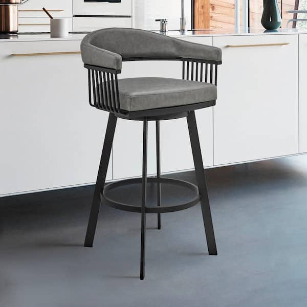 Armen Living Bronson 26 in. Counter Height Low Back Swivel Bar Stool in Black and Grey Faux Leather